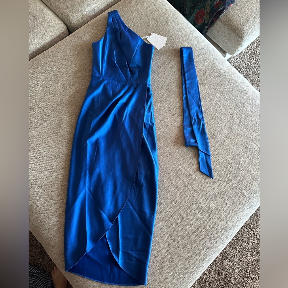Ted Baker bright blue satin one shoulder dress. Size 0. Never been worn.